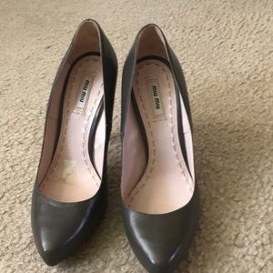 Miu Miu pointed toe pumps. Grey leather with tonal stitching and covered